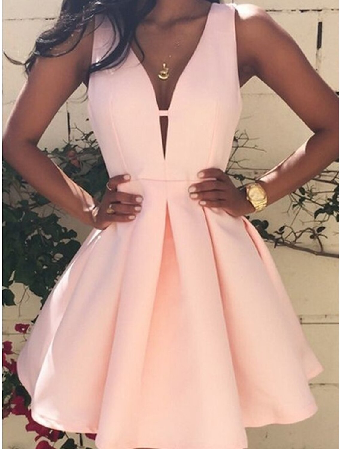 Abiti da ballo a trapezio, eleganti, per feste, laurea, corti/mini, senza maniche, scollo a V, rosa, in raso con pieghe